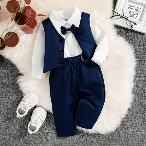 [SC8L2-20473469] 3pcs Baby Boy Party Outfits Gentleman Bow Tie Long-sleeve Shirt and Solid Waistcoat with Suspender Pants Set