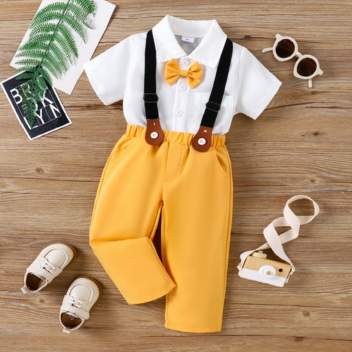 [SC8L2-20671909] 2pcs Toddler Boy Solid Bow Tie Shirt and Suspender Pants Set