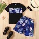 2pcs Kid Boy Tropical Plant Print Short-sleeve Tee and Shorts Set