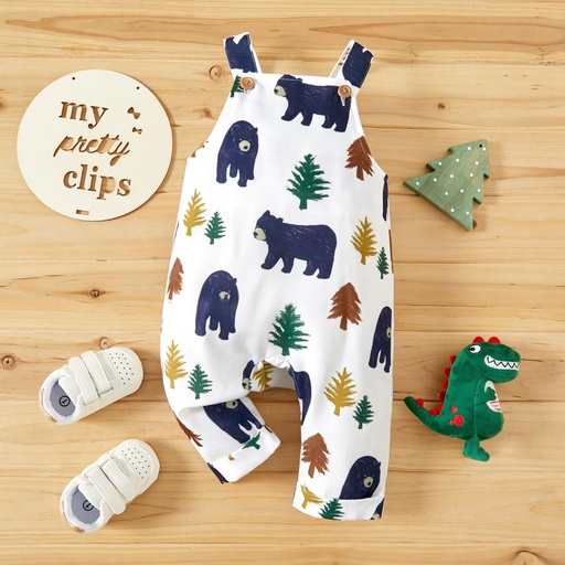 [SC8L3-19965503] Baby Boy All Over Animal Bear and Tree Print Sleeveless Overalls Jumpsuit