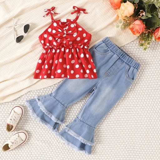 2pcs Toddler Girl Polka Dots Knot Shoulder Camisole and Flared Jeans Set 