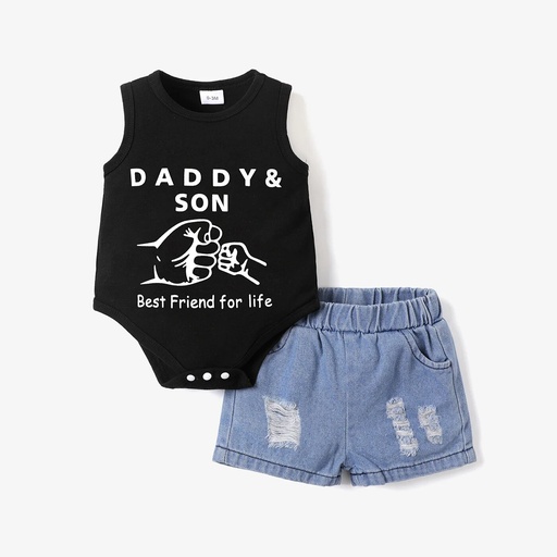 2pcs Baby Boy 100% Cotton Ripped Denim Shorts and Graphic Tank Romper Set