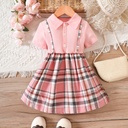 Toddler Girl Plaid Panel Short-sleeve Rib-knit 2 In 1 Dress