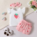 3pcs Baby Girl 95% Cotton Strawberry Pattern Ruffle Top and Shorts & Headband Set