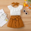 3pcs Toddler Girl 100% Cotton Solid Ruffled Top & Belted Skirt & Bow Headband Set