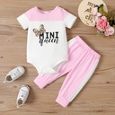 2pcs Baby Girl Leopard & Letter Print Colorblock Bodysuit and Pants Set 