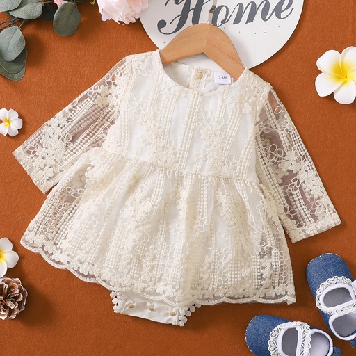 [SC8L4-20404092] Floral Lace Splicing Beige Long-sleeve Baby Romper Dress