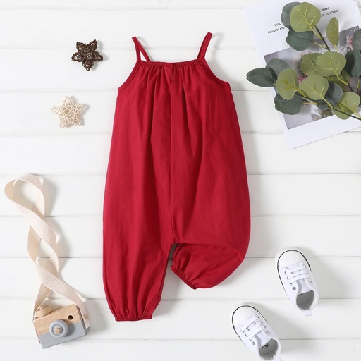 100% Cotton Baby Girl Loose-fit Solid Sleeveless Spaghetti Strap Harem Pants Overalls