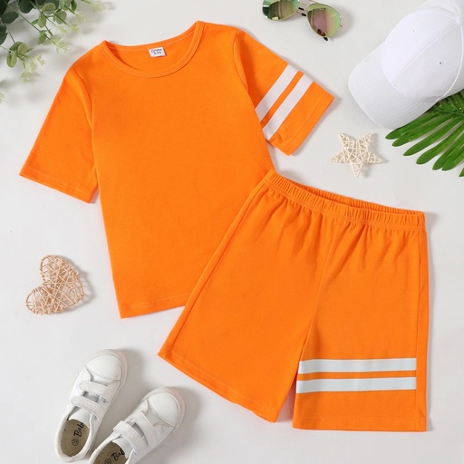 [SC8L4-20320799] 2-piece Kid Boy Striped Short-sleeve Tee and Elasticized Shorts Casual Set