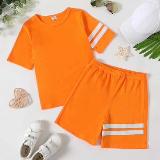 2-piece Kid Boy Striped Short-sleeve Tee and Elasticized Shorts Casual Set