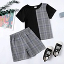 2-piece Kid Boy Plaid Colorblock Tee and Elasticized Shorts Casual Set