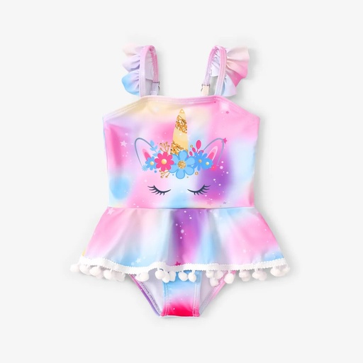 [SC8L4-20829831] Toddler Girl Unicorn Print Flutter Sleeve One-Piece Swimsuit/ Flip-flops Slippers
