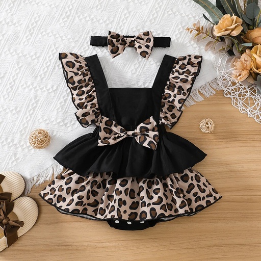 [SC8L4-20555210] 2pcs Baby Girl 95% Cotton Solid & Leopard Print Layered Ruffle Trim Sleeveless Romper and Headband Set