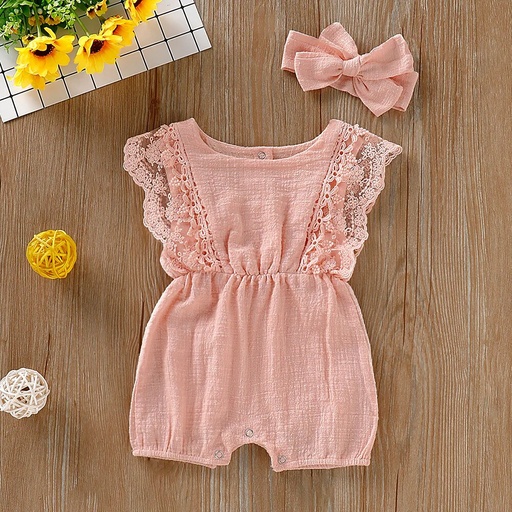 [SC8L4-19091425] 2pcs Baby Girl 95% Cotton Lace Flutter-sleeve Romper with Headband Set