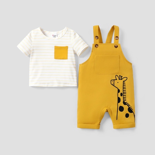 [SC8L4-20775631] 2pcs Baby Girl/Boy Childlike Top and Giraffeand Patch Pocket Overalls Set 