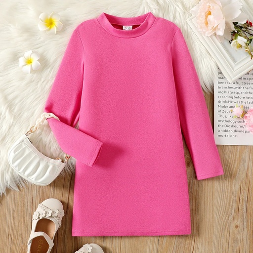 [SC8L4-20497031] Kid Girl Solid Color Stand Collar Long-sleeve Knit Dress