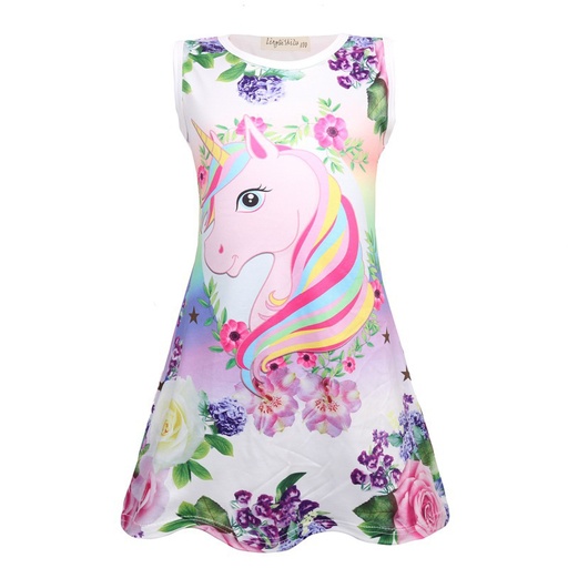 Pretty Unicorn and Flower Print Sleeveless Dress