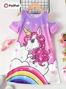 Kid Girl Unicorn & Rainbow Print Cold Shoulder Dress