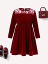 Kid Girl's Solid Color Festive Dress with Lace and Velvet Fabric Stitching