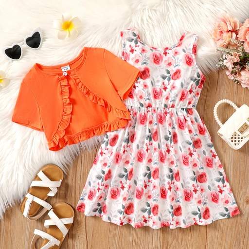 [SC8L4-20652891] 2pcs Kid Girl Ruffle Trim Short-sleeve Cardigan and Allover Floral Print Tank Dress Set