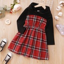 Kid Girl Valentine's Day Plaid Colorblock Hooded Long-sleeve Dress