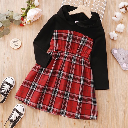 [SC8L4-20146273] Kid Girl Valentine's Day Plaid Colorblock Hooded Long-sleeve Dress
