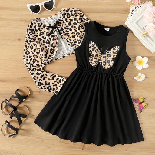 [SC8L4-20443904] 2pcs Kid Girl Butterfly Print Sleeveless Black Dress and Leopard Print Long-sleeve Cardigan Set