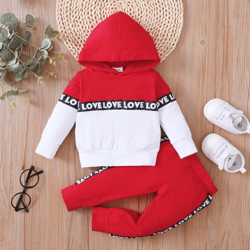 [SC8L4-19746997] 2pcs Letter Print Splice Color Block Hooded Long-sleeve Baby Set