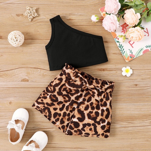 [SC8L4-20650532] 2pcs Toddler Girl Rib-knit One-Shoulder Tank Top and Leopard Belted Shorts Set